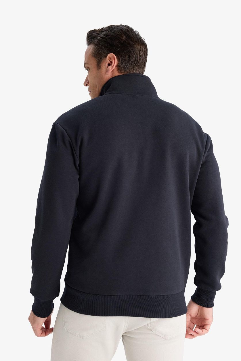 Erkek Lacivert Regular Fit Dik Yaka Yarım Fermuarlı İçi Yumuşak Tüylü Basic Düz Sweatshirt
