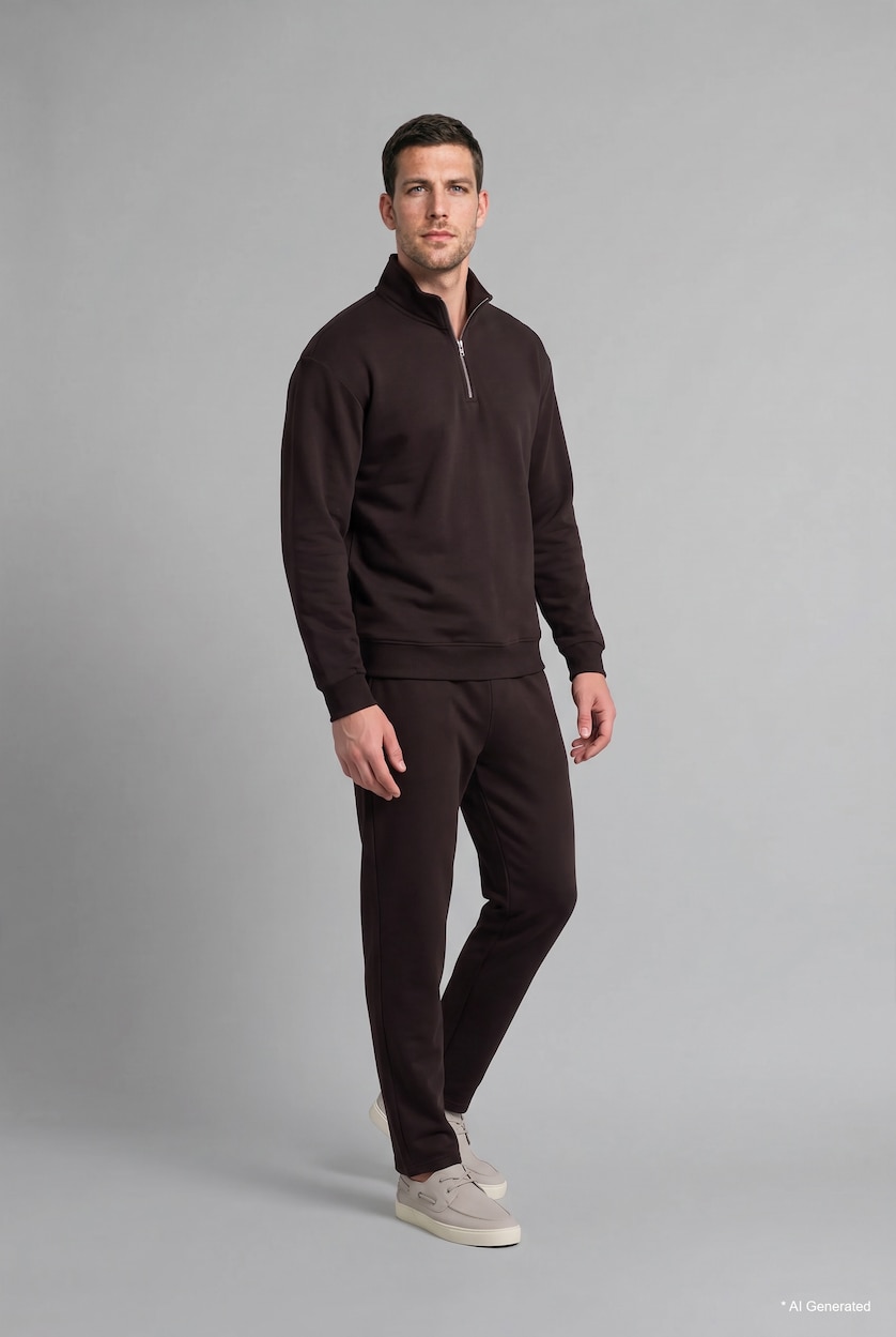 Erkek Kahve Regular Fit Yarım Fermuarlı Basic Sweatshirt