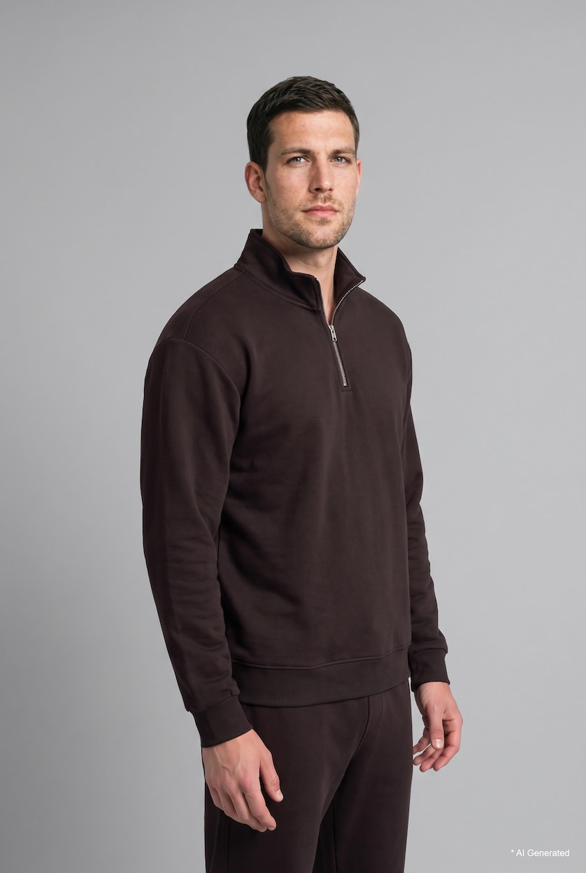 Erkek Kahve Regular Fit Yarım Fermuarlı Basic Sweatshirt
