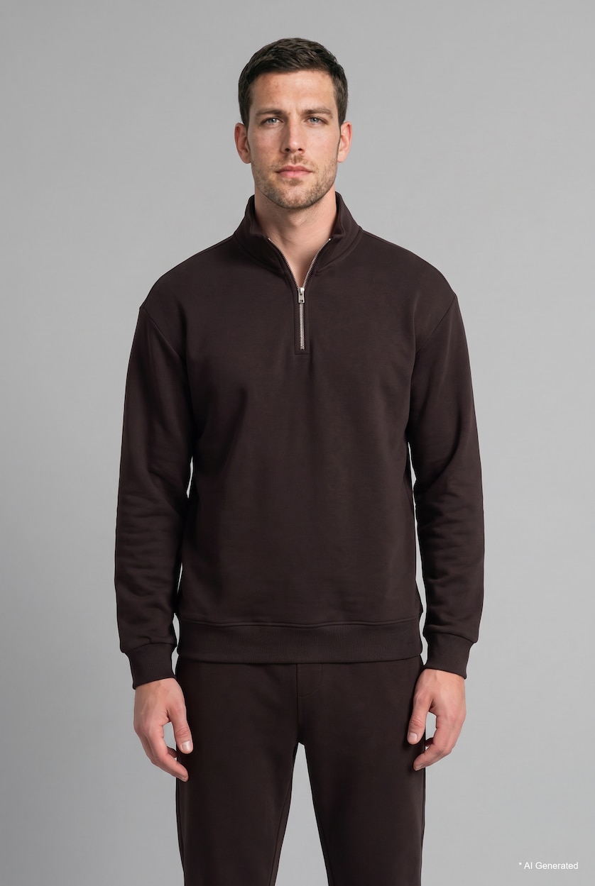 Erkek Kahve Regular Fit Yarım Fermuarlı Basic Sweatshirt