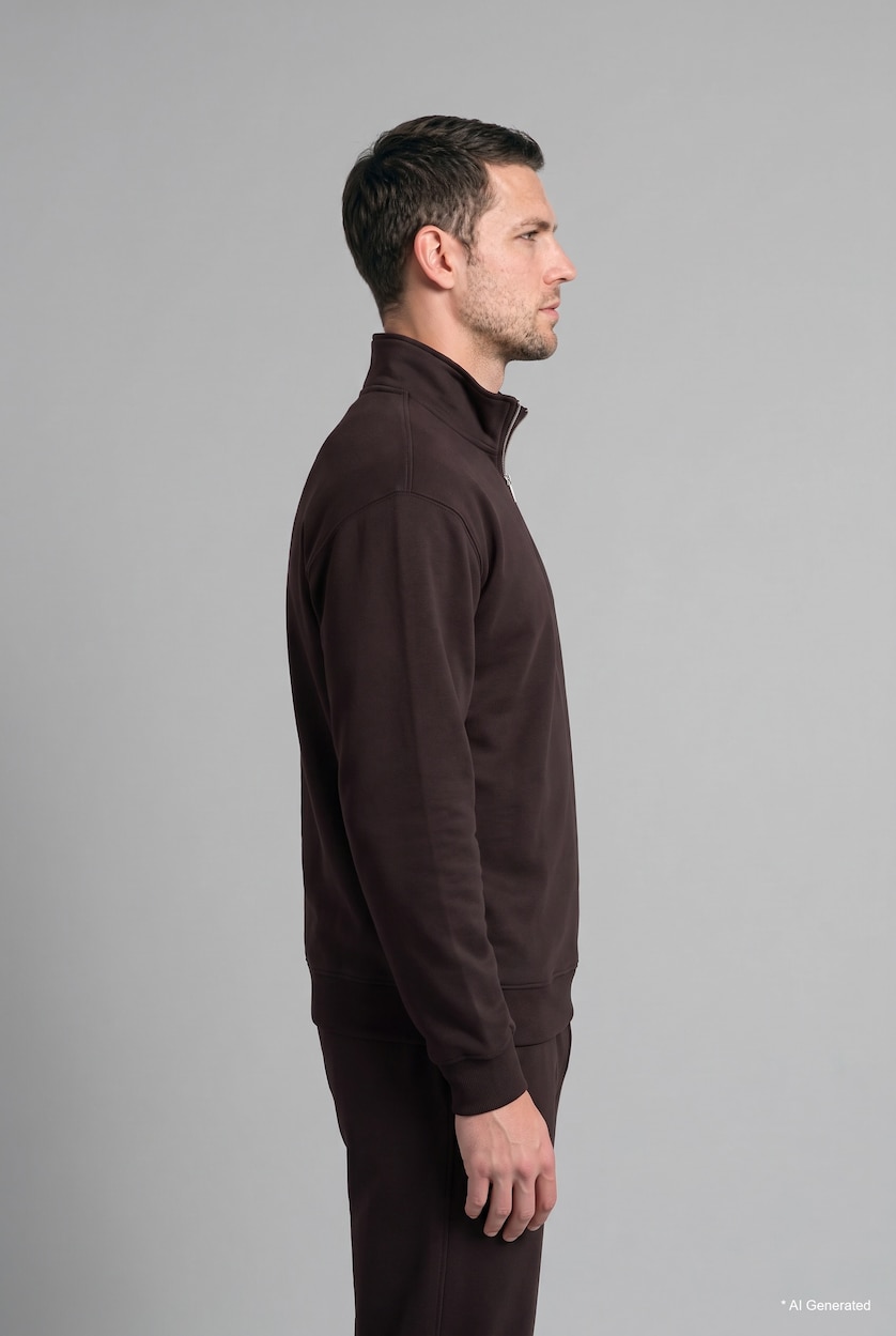 Erkek Kahve Regular Fit Yarım Fermuarlı Basic Sweatshirt