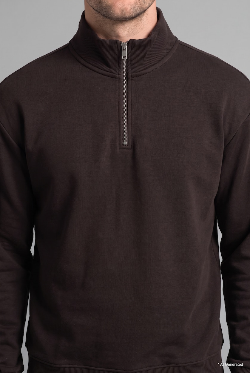 Erkek Kahve Regular Fit Yarım Fermuarlı Basic Sweatshirt