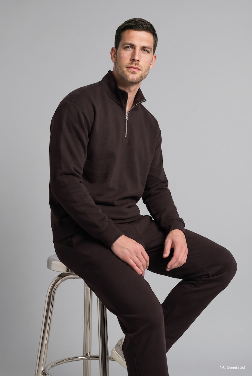 Erkek Kahve Regular Fit Yarım Fermuarlı Basic Sweatshirt