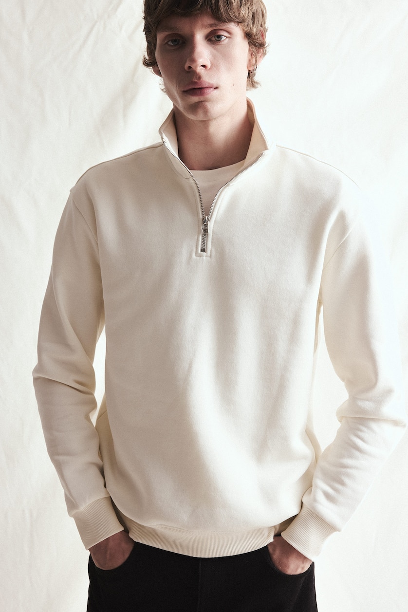 MAN Ecru Regular Fit Stand Collar Half-Zip Basic Sweatshirt