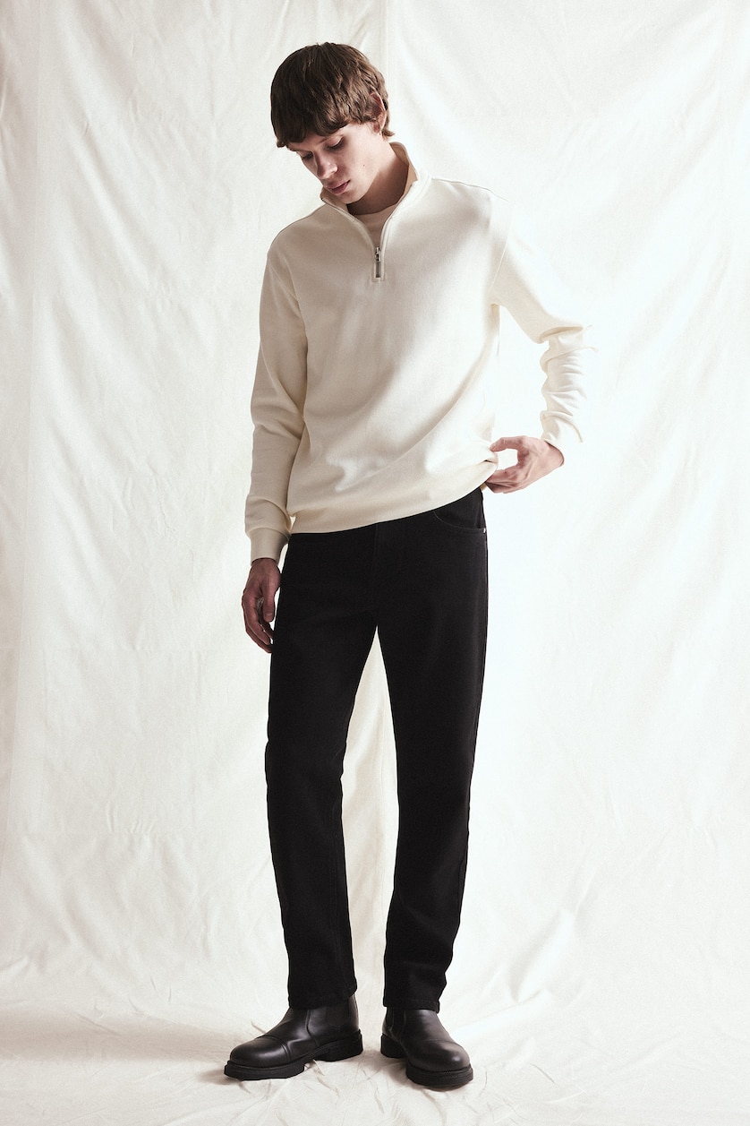 MAN Ecru Regular Fit Stand Collar Half-Zip Basic Sweatshirt