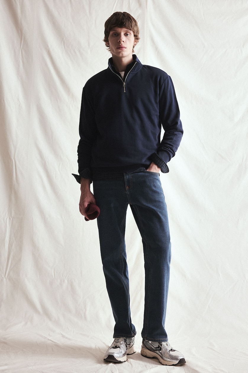 MESHKUJ NAVY Regular Fit Stand Collar Half-Zip Basic Sweatshirt
