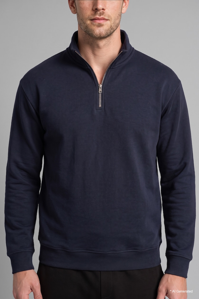 Erkek Lacivert Regular Fit Yarım Fermuarlı Basic Sweatshirt