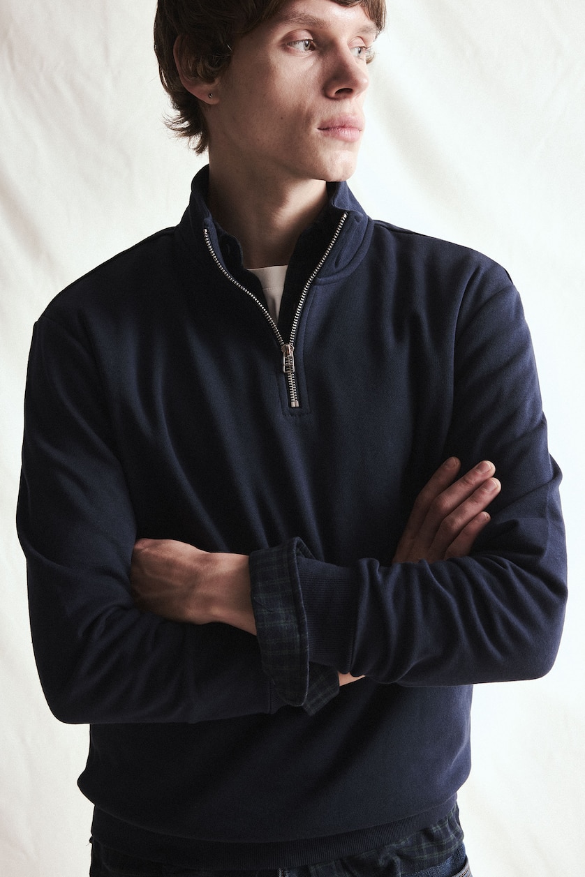 MESHKUJ NAVY Regular Fit Stand Collar Half-Zip Basic Sweatshirt