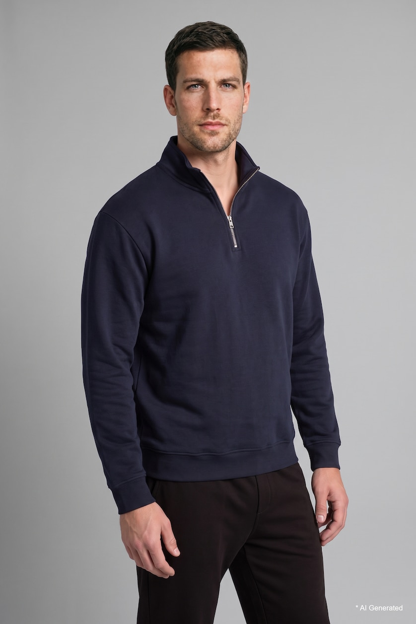 Erkek Lacivert Regular Fit Yarım Fermuarlı Basic Sweatshirt