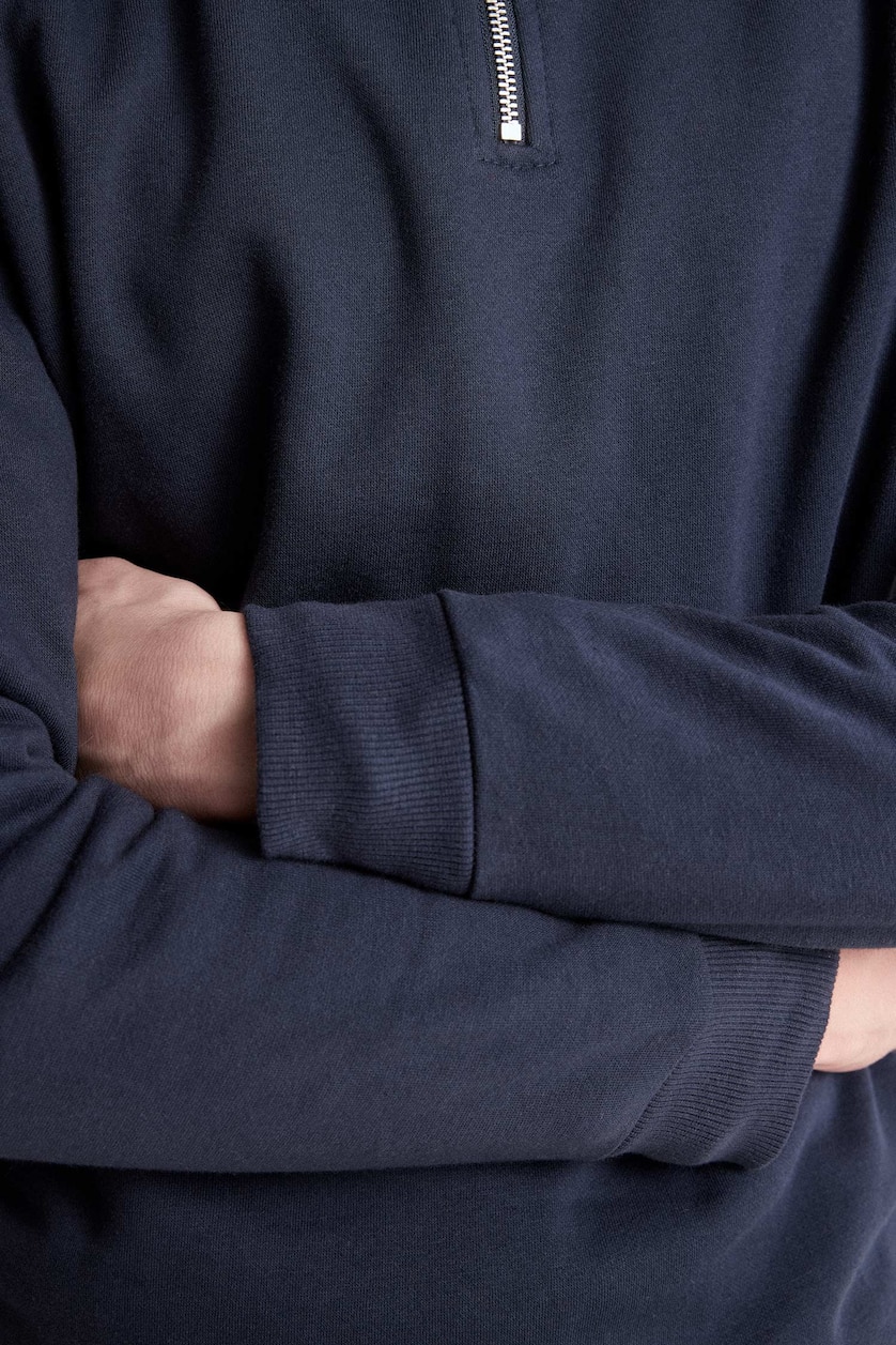 MESHKUJ NAVY Regular Fit Stand Collar Half-Zip Basic Sweatshirt