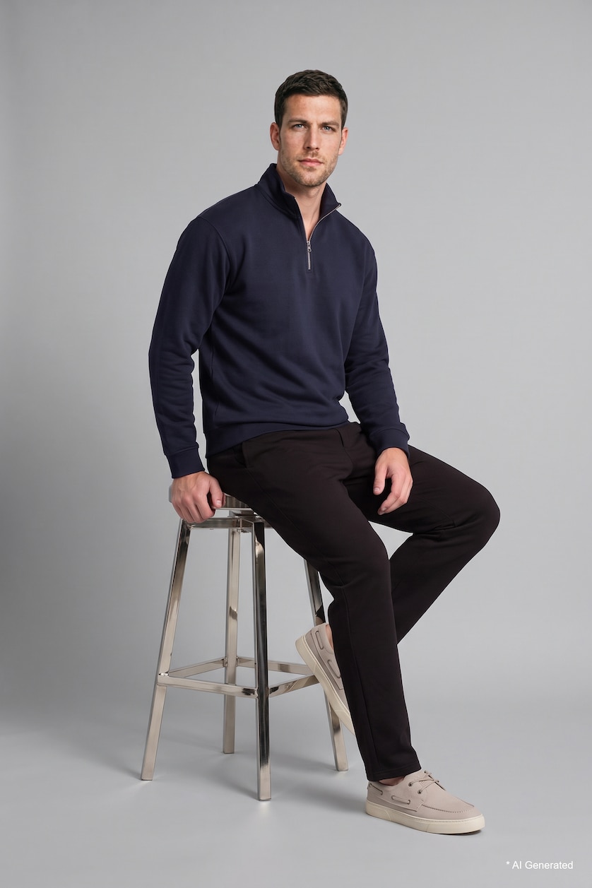 Erkek Lacivert Regular Fit Yarım Fermuarlı Basic Sweatshirt