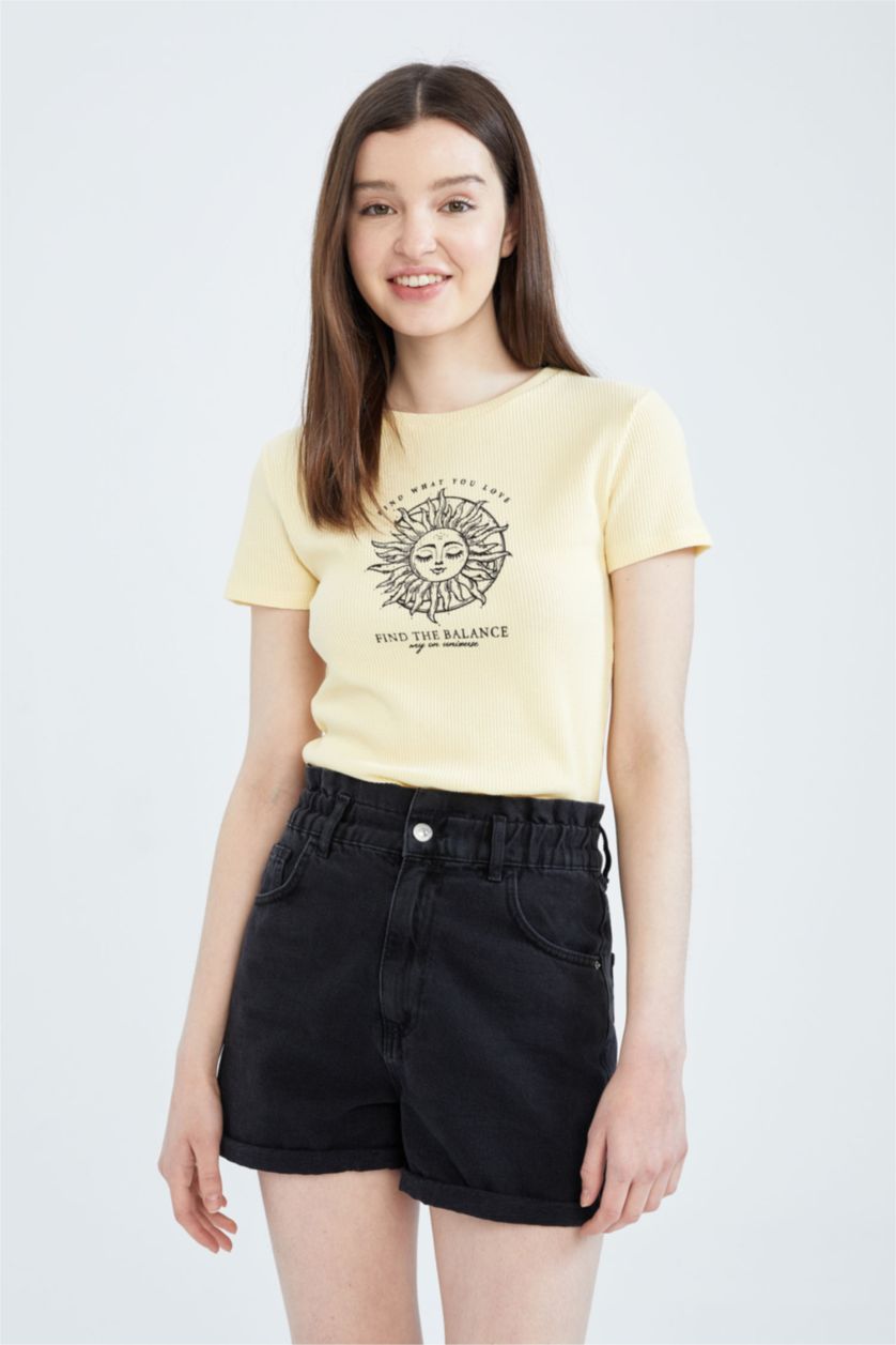 WOMAN Light Yellow Fitted Crew Neck Printed Short Sleeve T-Shirt