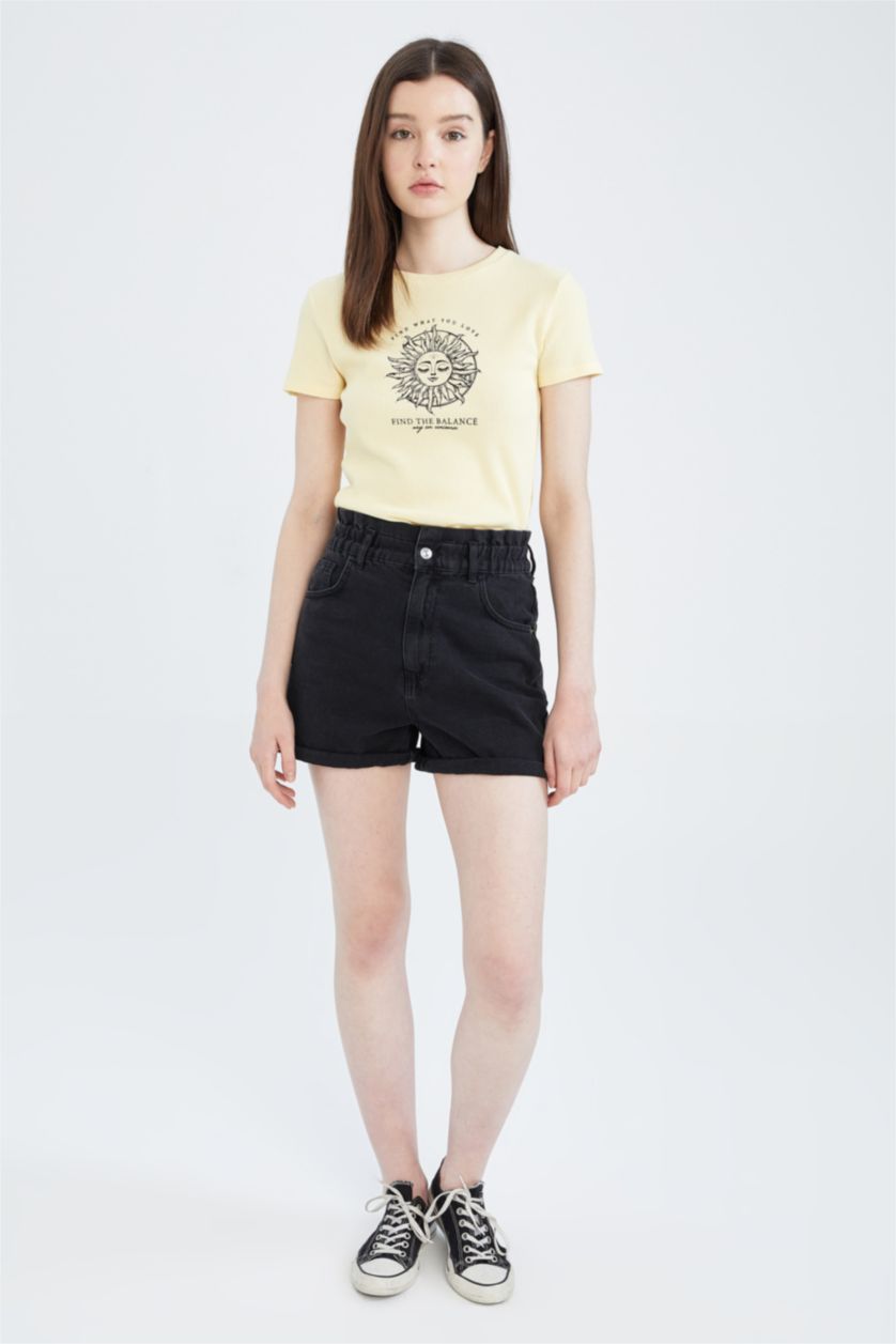 WOMAN Light Yellow Fitted Crew Neck Printed Short Sleeve T-Shirt