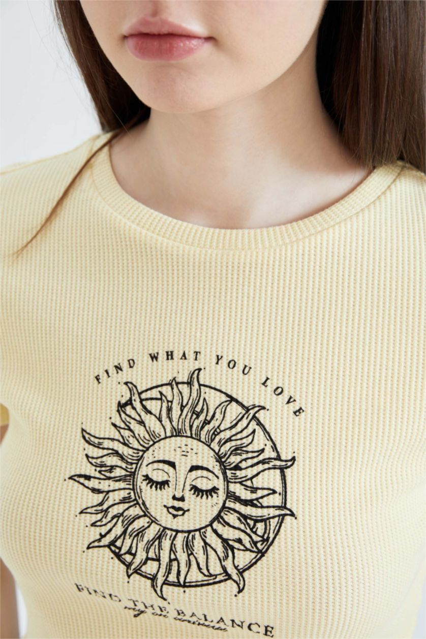 WOMAN Light Yellow Fitted Crew Neck Printed Short Sleeve T-Shirt