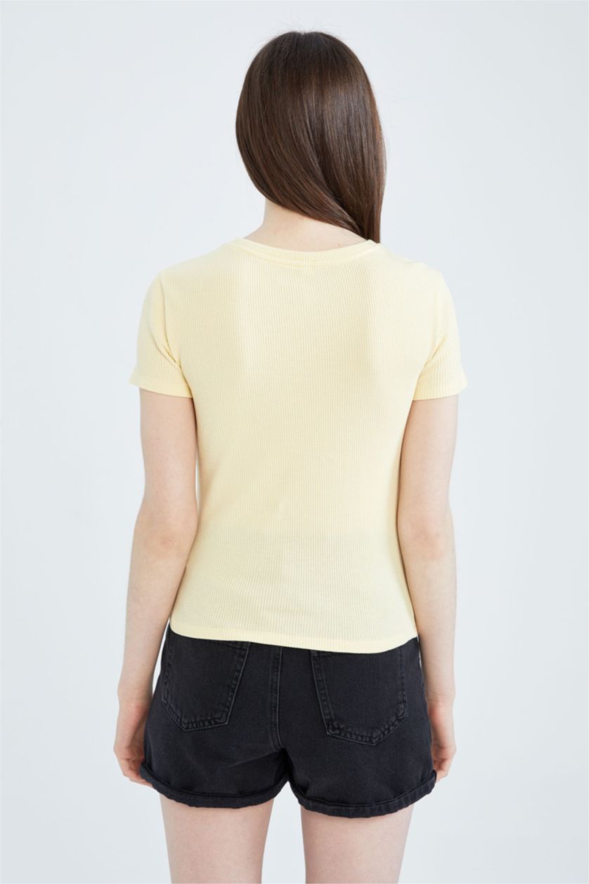 WOMAN Light Yellow Fitted Crew Neck Printed Short Sleeve T-Shirt