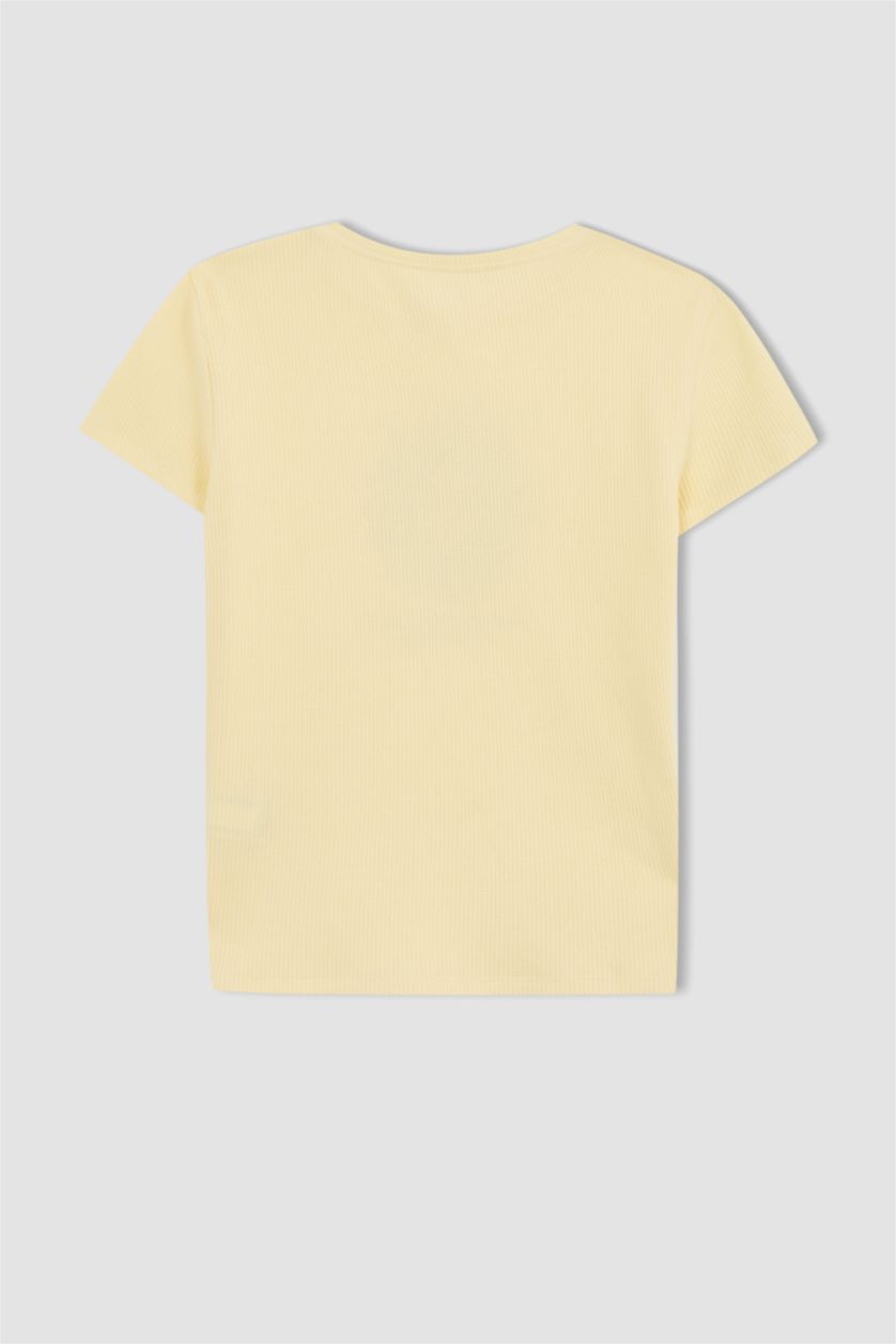 WOMAN Light Yellow Fitted Crew Neck Printed Short Sleeve T-Shirt