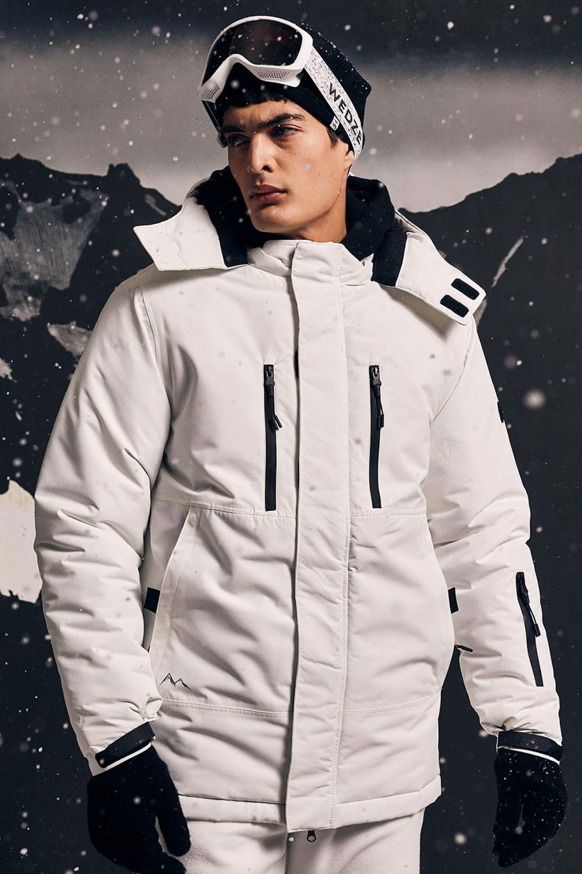 Erkek Beyaz DeFactoFit Su İtici Kayak Montu Kapüşonlu Polar Astarlı Fermuarlı Cepli