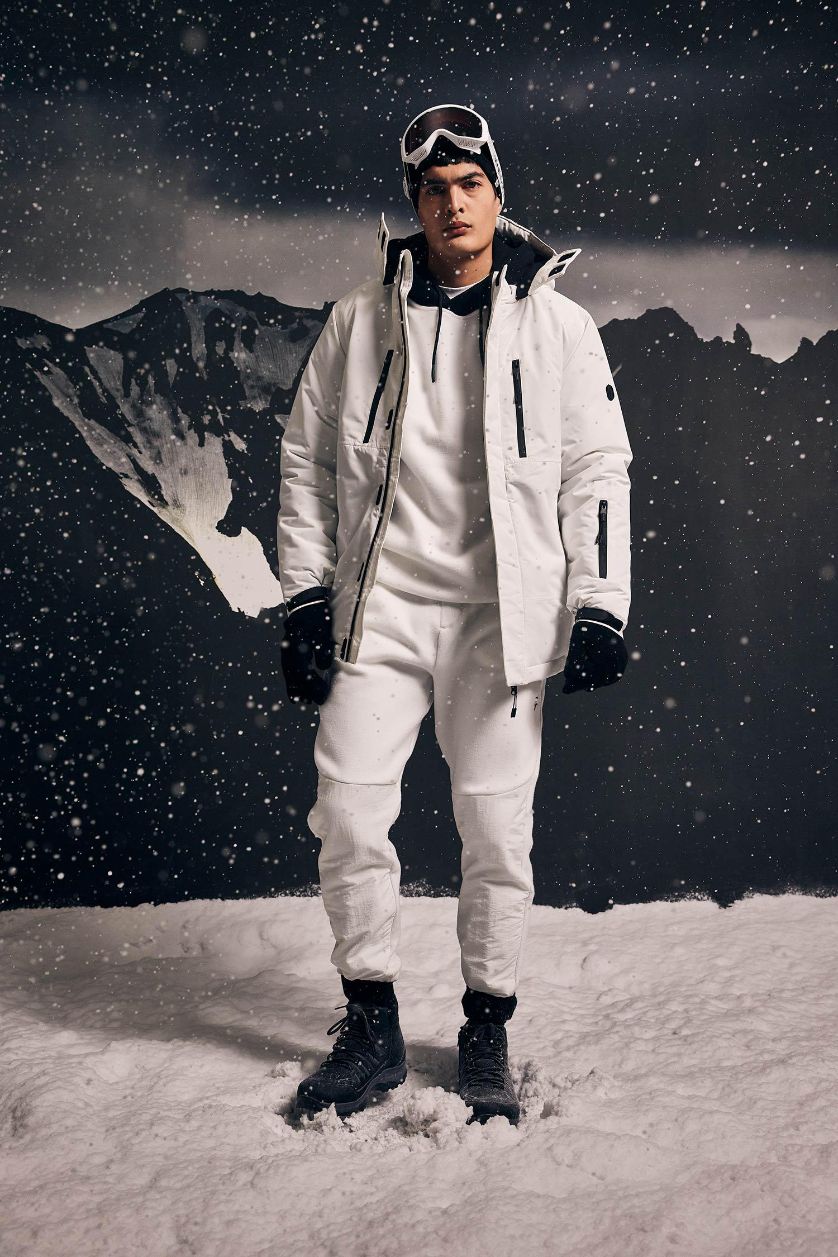 Erkek Beyaz DeFactoFit Su İtici Kayak Montu Kapüşonlu Polar Astarlı Fermuarlı Cepli