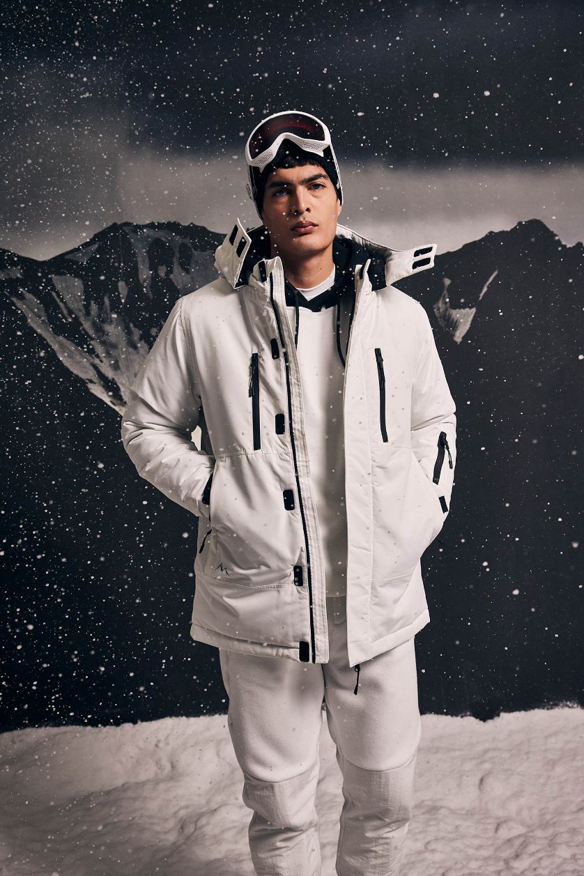 Erkek Beyaz DeFactoFit Su İtici Kayak Montu Kapüşonlu Polar Astarlı Fermuarlı Cepli