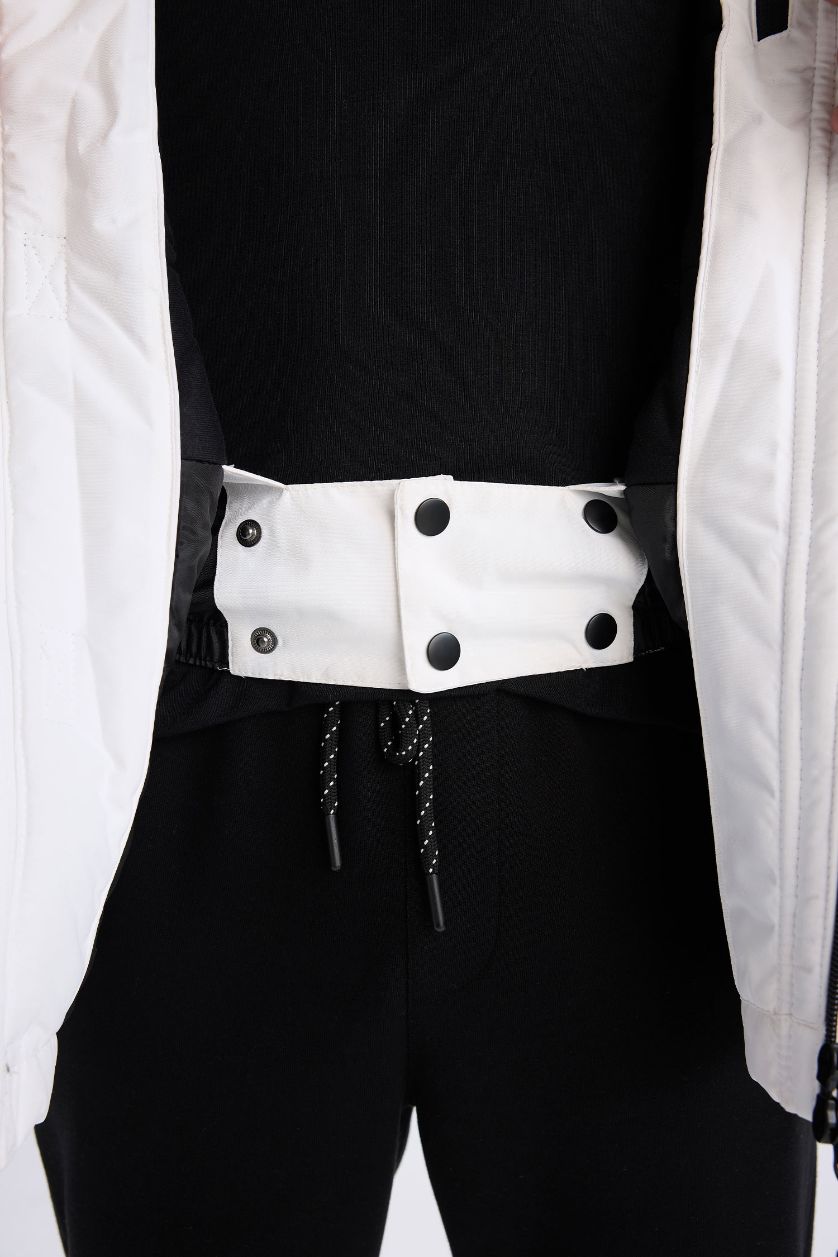 Erkek Beyaz DeFactoFit Su İtici Kayak Montu Kapüşonlu Polar Astarlı Fermuarlı Cepli