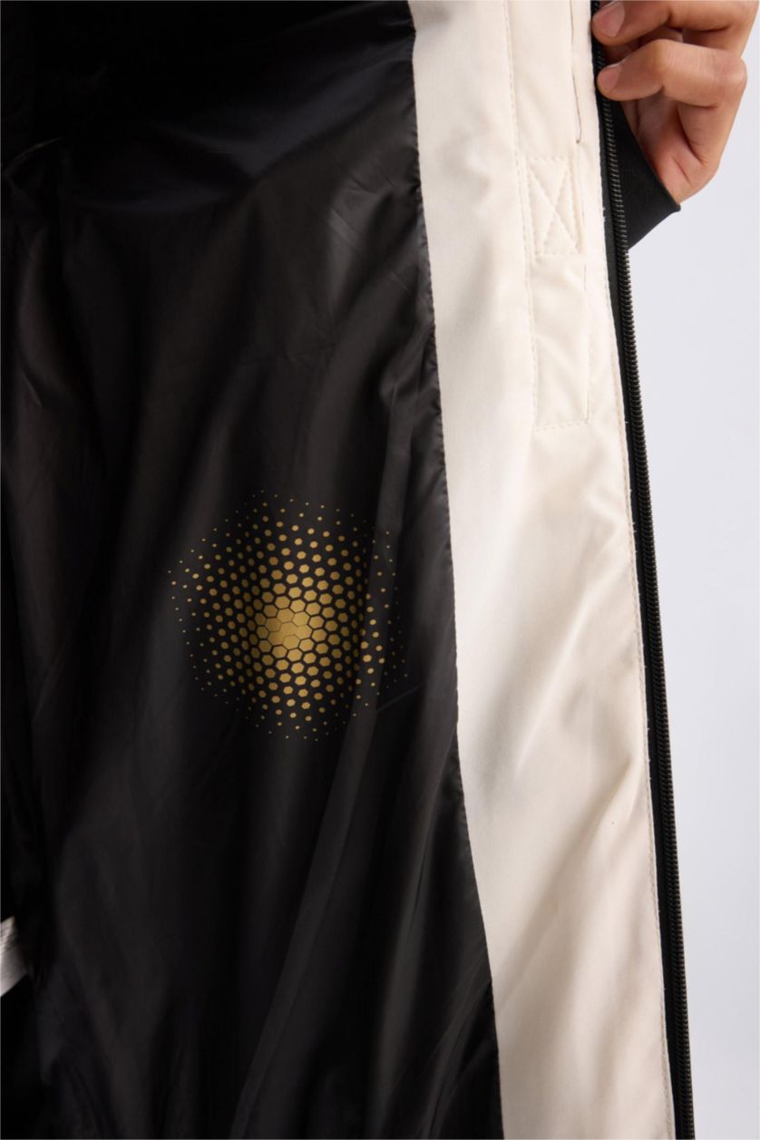 Erkek Beyaz DeFactoFit Su İtici Kayak Montu Kapüşonlu Polar Astarlı Fermuarlı Cepli