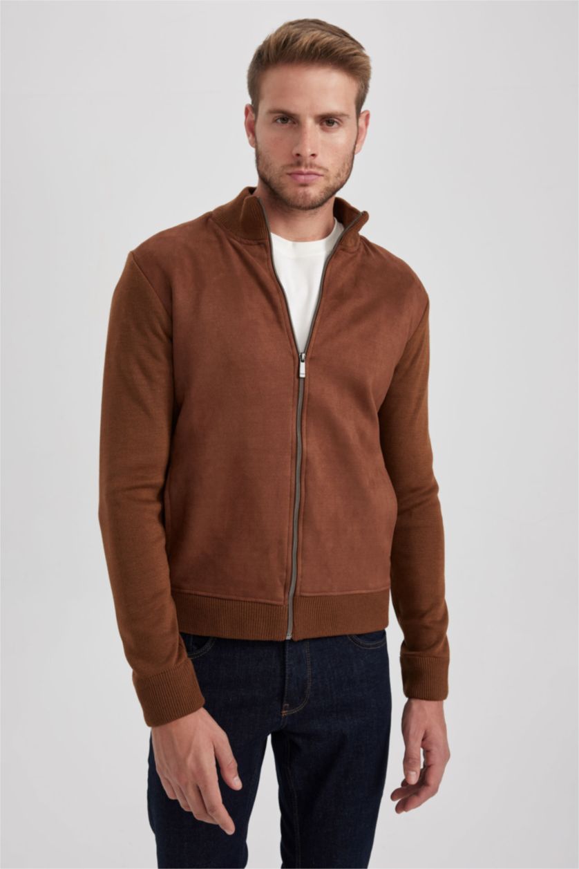 MAN Camel Slim Fit Dog Collar Knitwear Cardigan