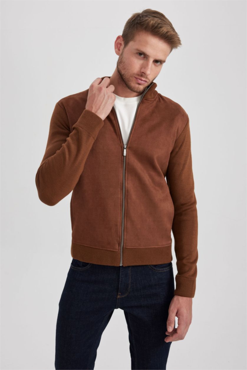 MAN Camel Slim Fit Dog Collar Knitwear Cardigan