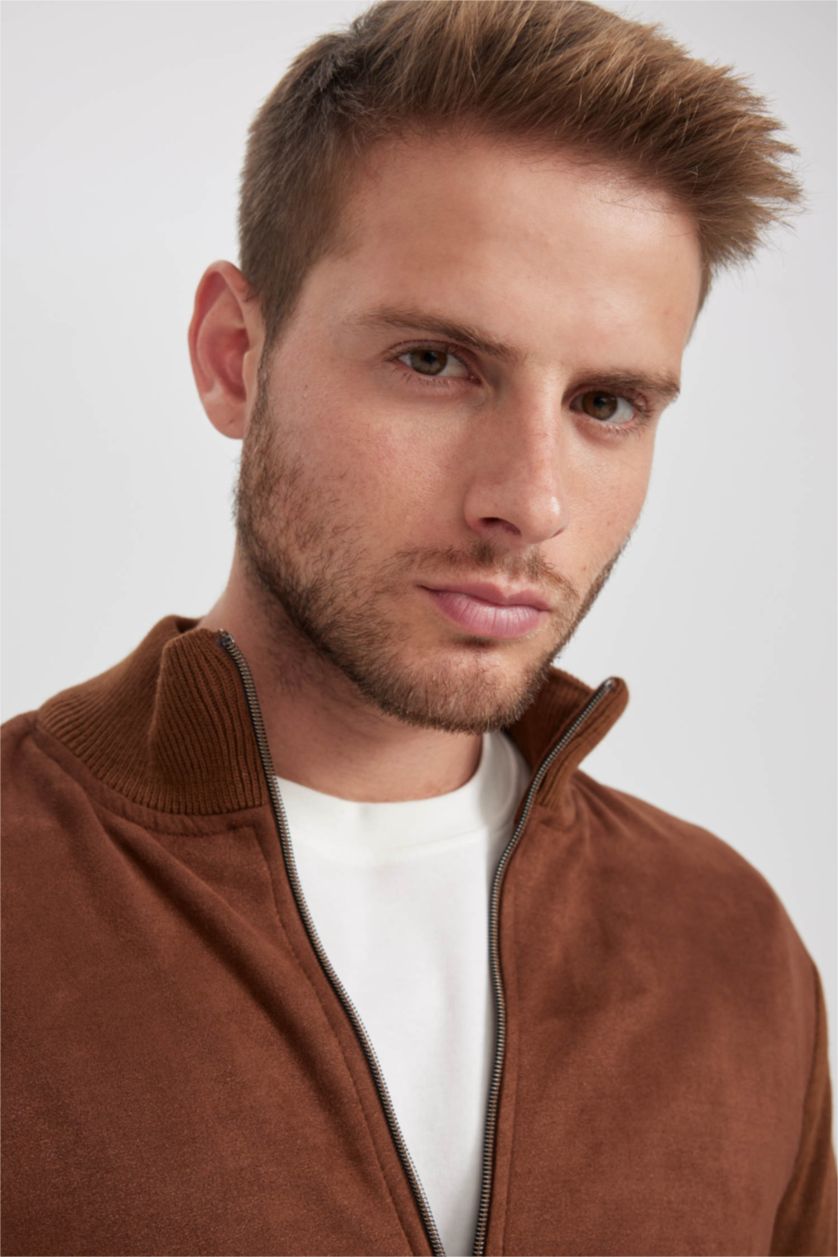 MAN Camel Slim Fit Dog Collar Knitwear Cardigan