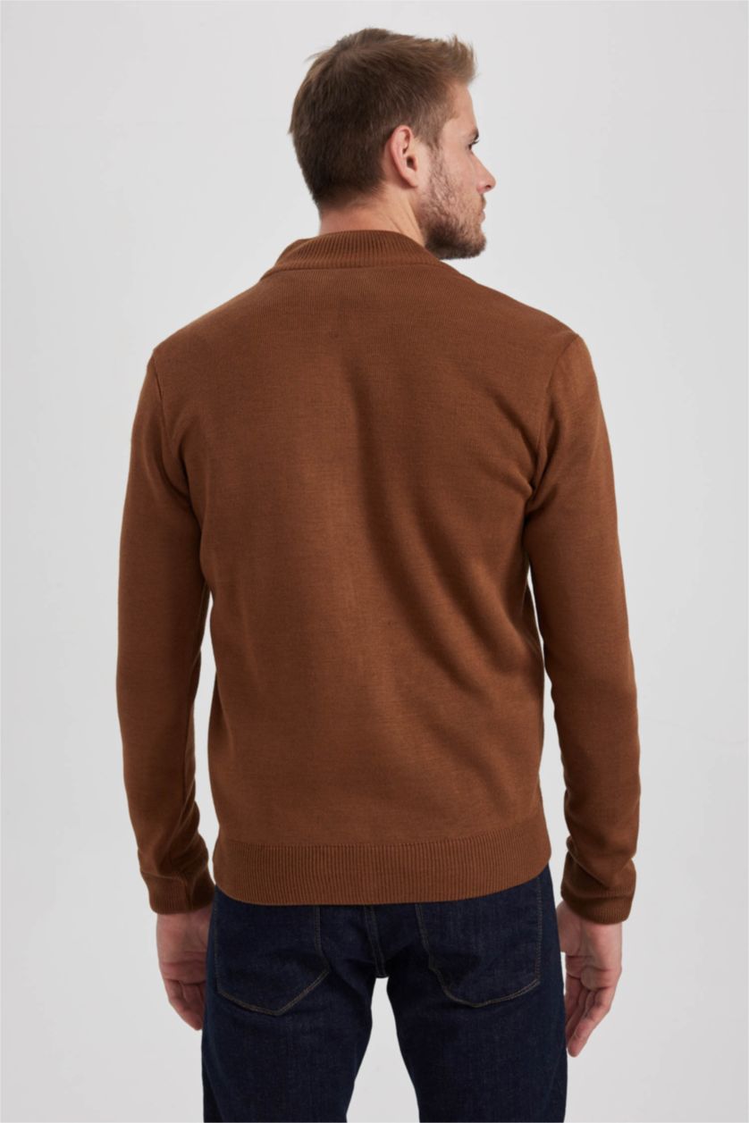 MAN Camel Slim Fit Dog Collar Knitwear Cardigan