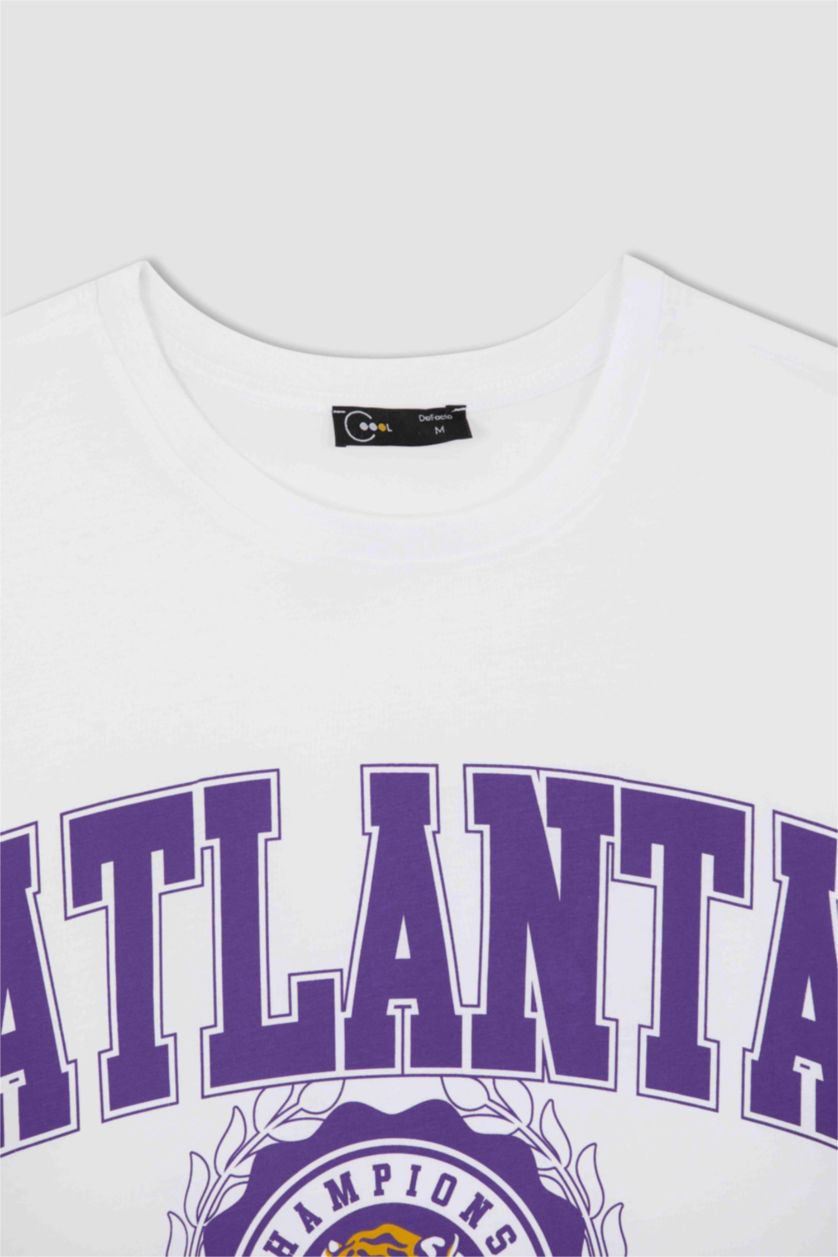 نساء أبيض تي شيرت نص كم مطبوع اوفر سايز بياقة مستديرة