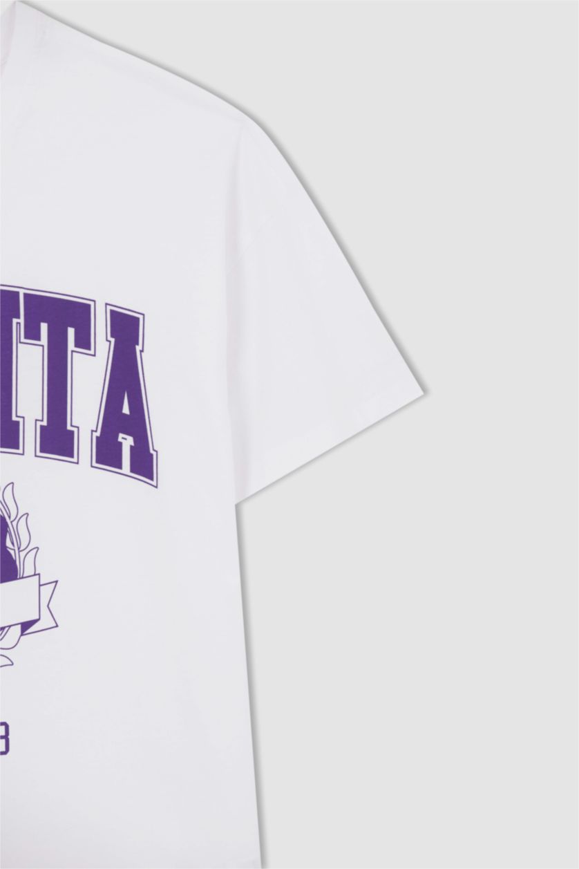 نساء أبيض تي شيرت نص كم مطبوع اوفر سايز بياقة مستديرة