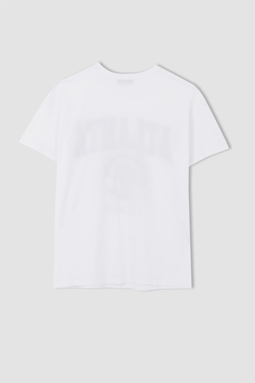 نساء أبيض تي شيرت نص كم مطبوع اوفر سايز بياقة مستديرة