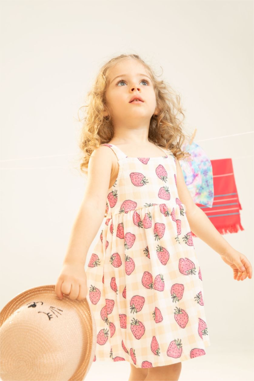 BABY GIRL Pink Baby Girl Strawberry Patterned Textured Strap Dress