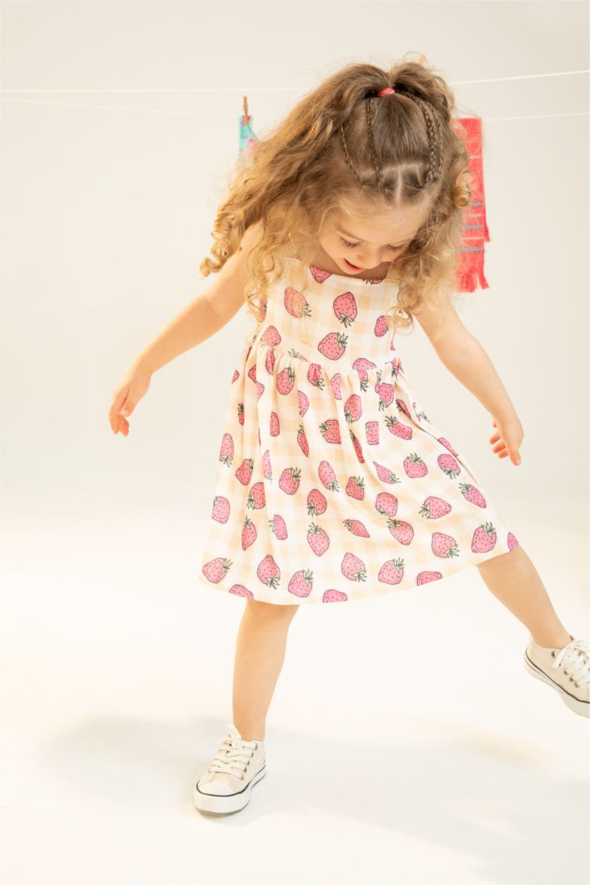BABY GIRL Pink Baby Girl Strawberry Patterned Textured Strap Dress