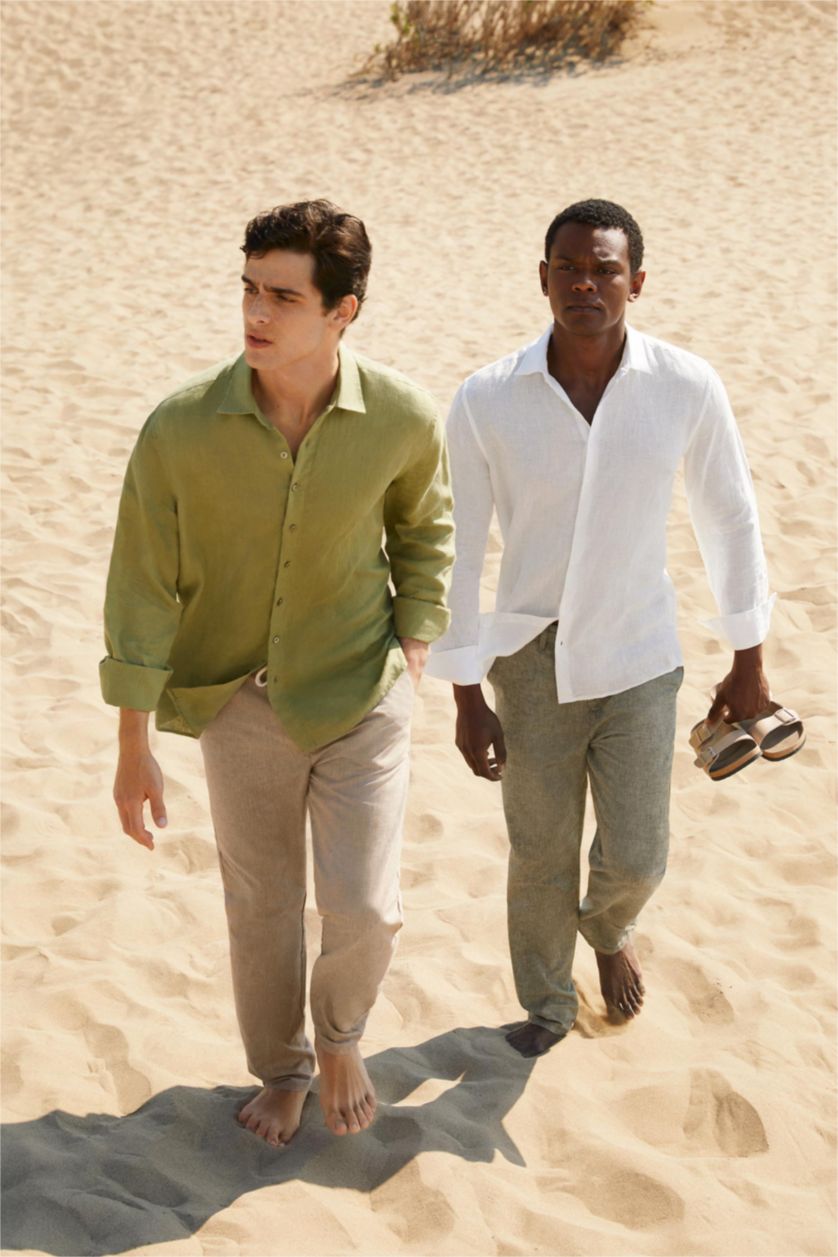 رجالي أخضر قميص كتان كلاسيكي بأكمام طويلة