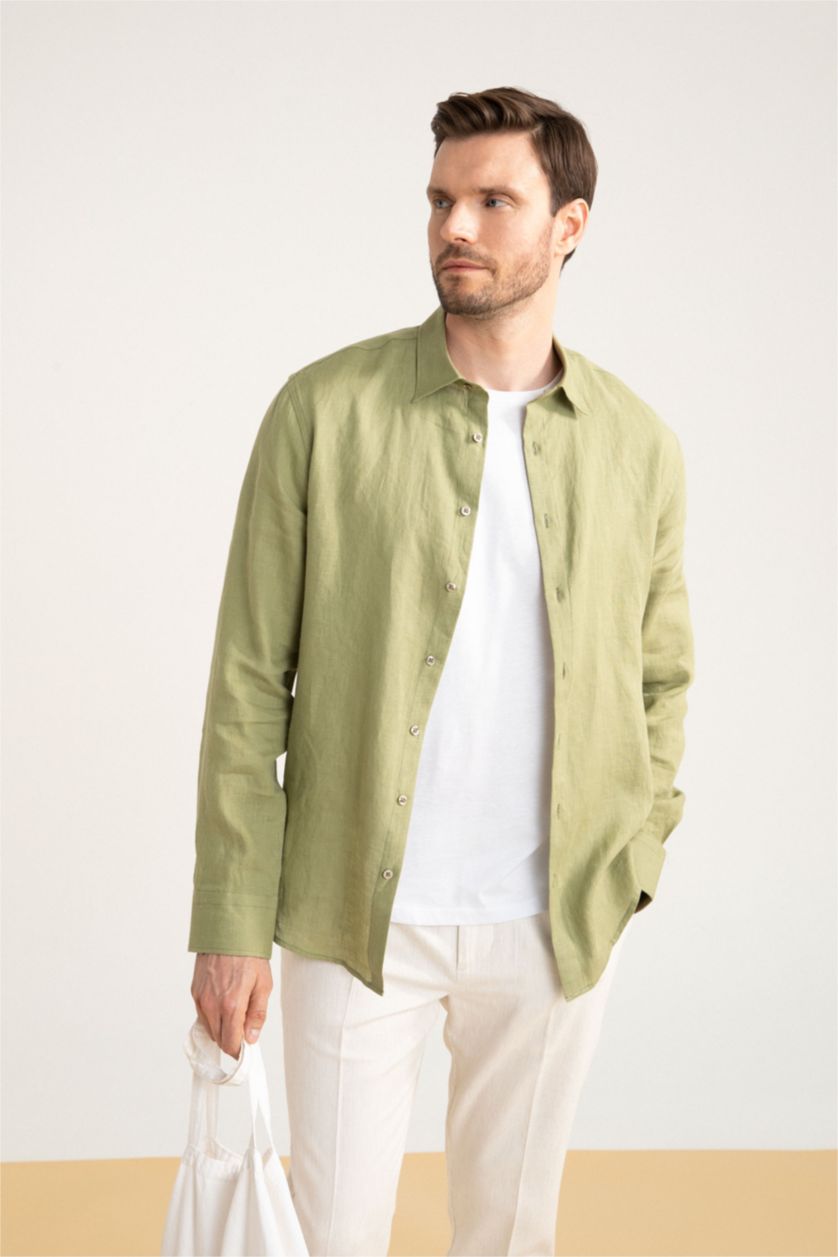 رجالي أخضر قميص كتان كلاسيكي بأكمام طويلة