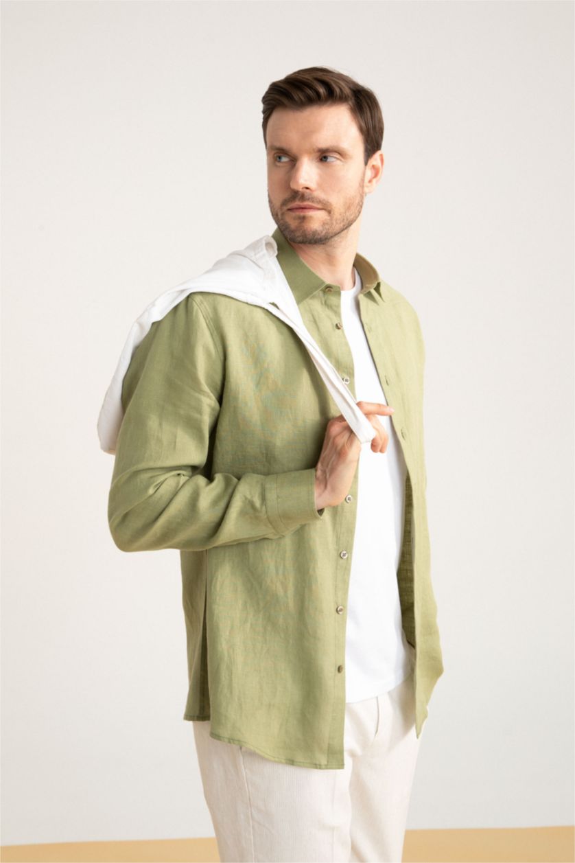 رجالي أخضر قميص كتان كلاسيكي بأكمام طويلة