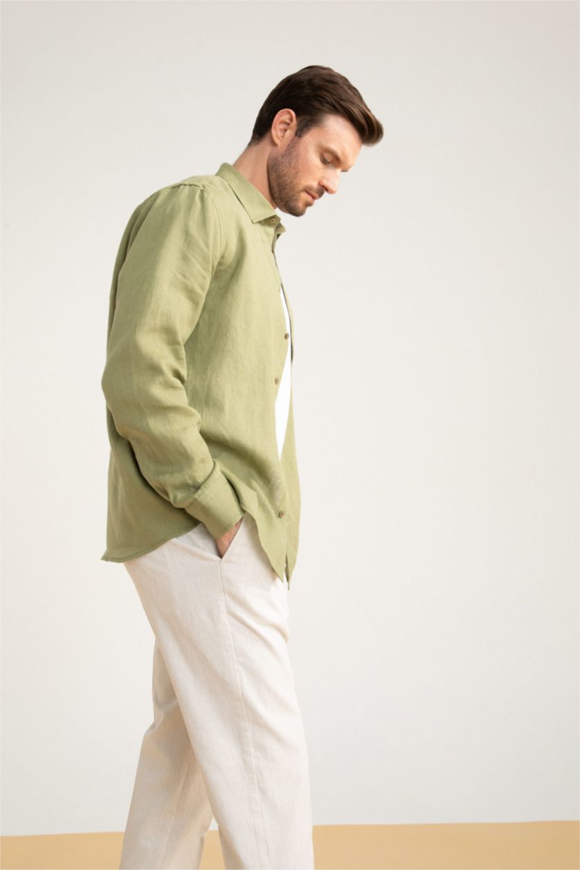 رجالي أخضر قميص كتان كلاسيكي بأكمام طويلة