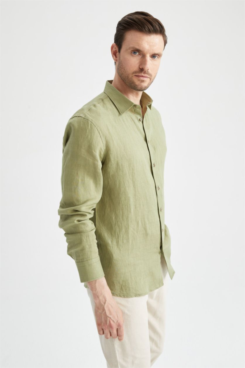 رجالي أخضر قميص كتان كلاسيكي بأكمام طويلة