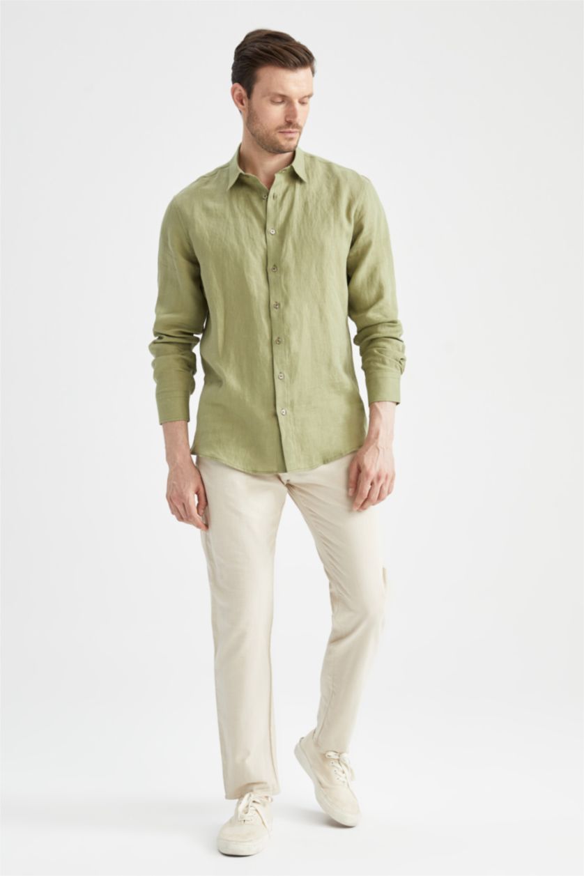 رجالي أخضر قميص كتان كلاسيكي بأكمام طويلة