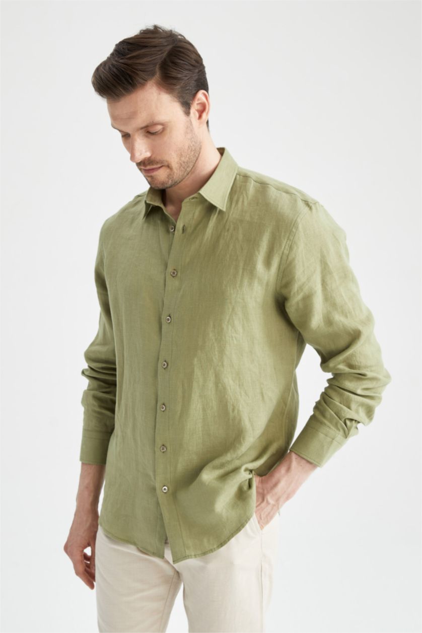 رجالي أخضر قميص كتان كلاسيكي بأكمام طويلة