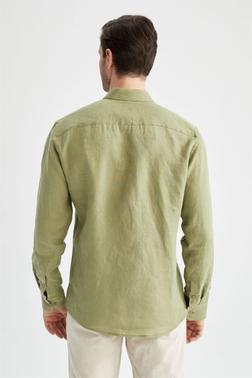 رجالي أخضر قميص كتان كلاسيكي بأكمام طويلة