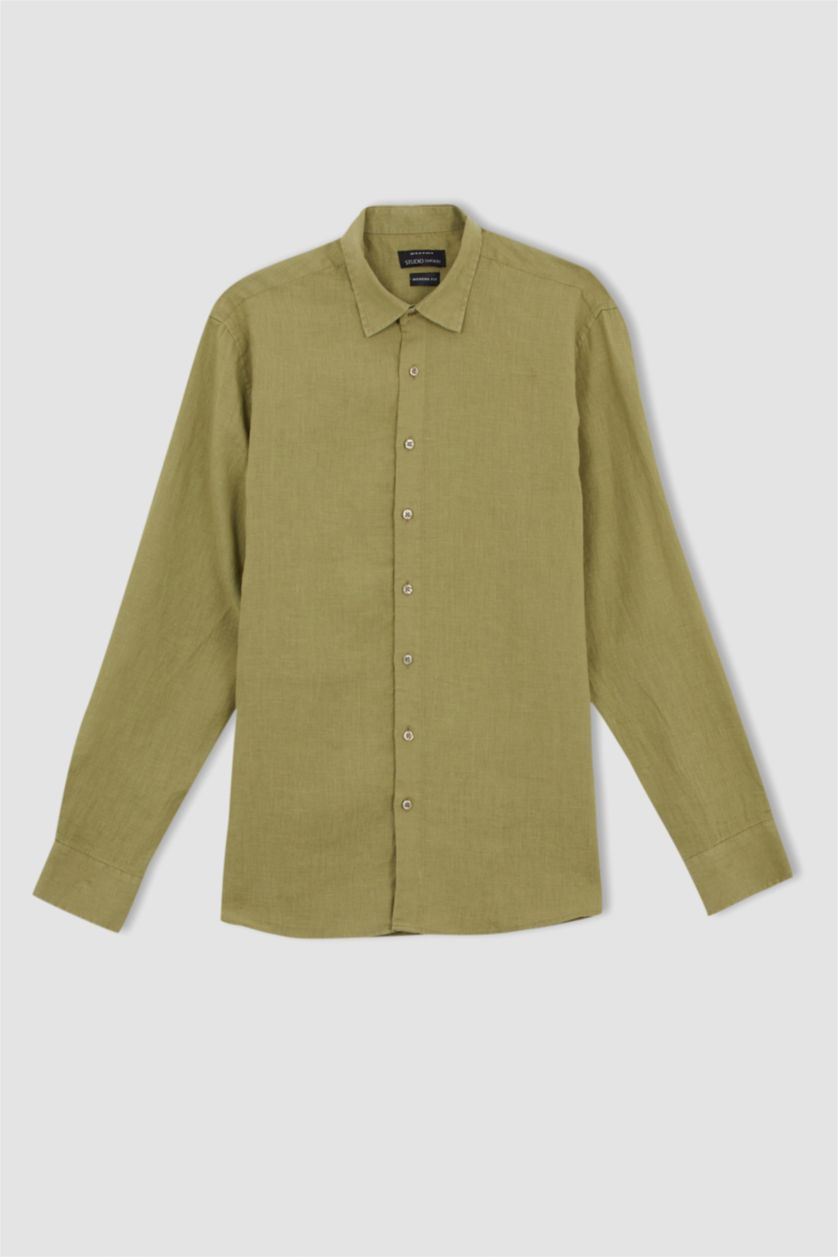 رجالي أخضر قميص كتان كلاسيكي بأكمام طويلة