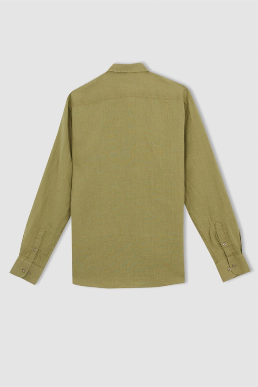 رجالي أخضر قميص كتان كلاسيكي بأكمام طويلة