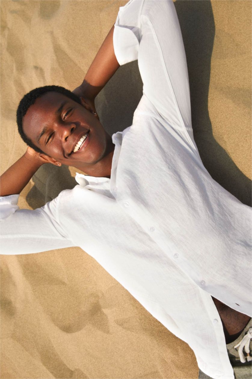 Erkek Kırık Beyaz %100 Keten Modern Fit Uzun Kollu Klasik Gömlek