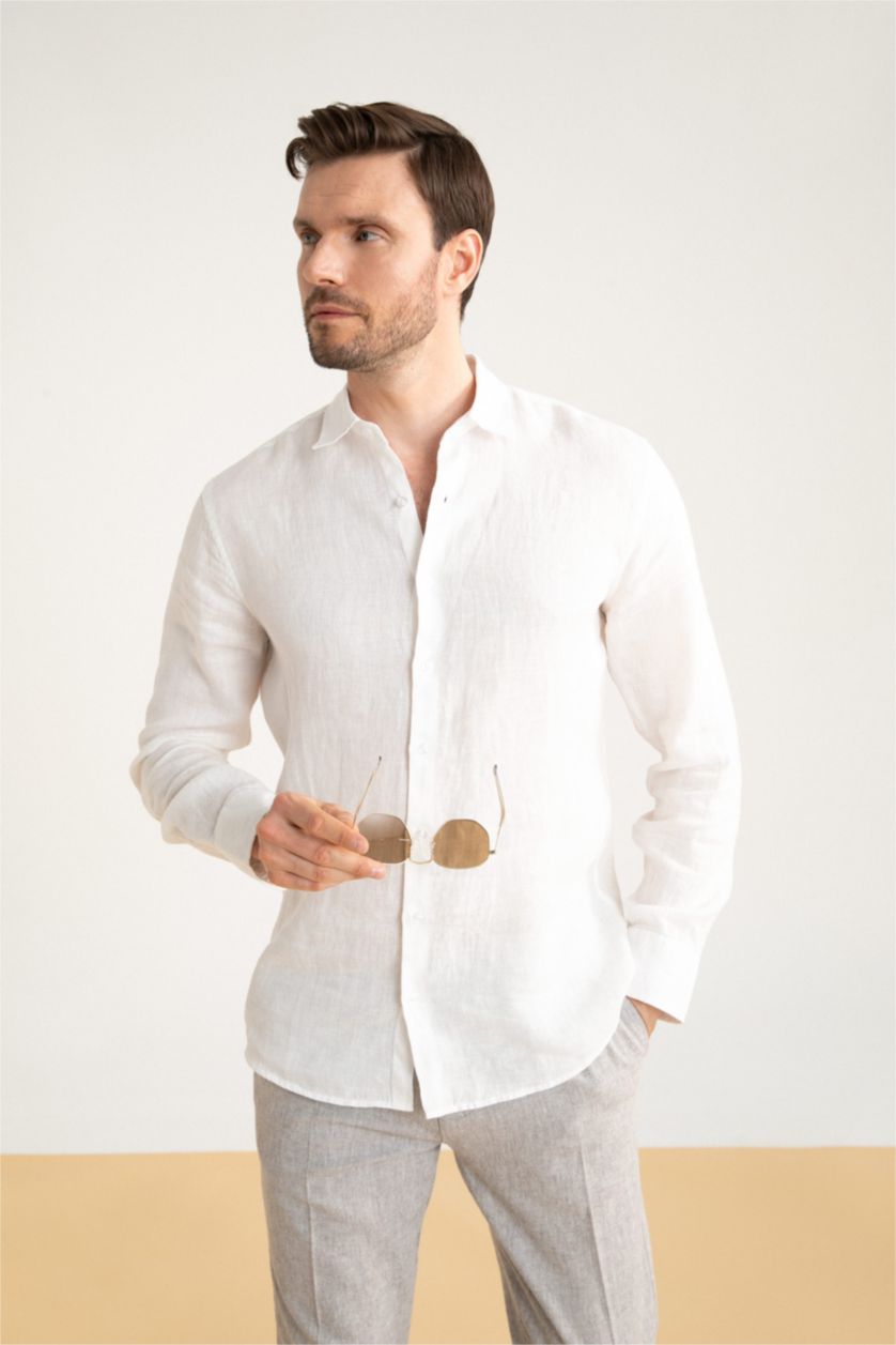 Erkek Kırık Beyaz %100 Keten Modern Fit Uzun Kollu Klasik Gömlek