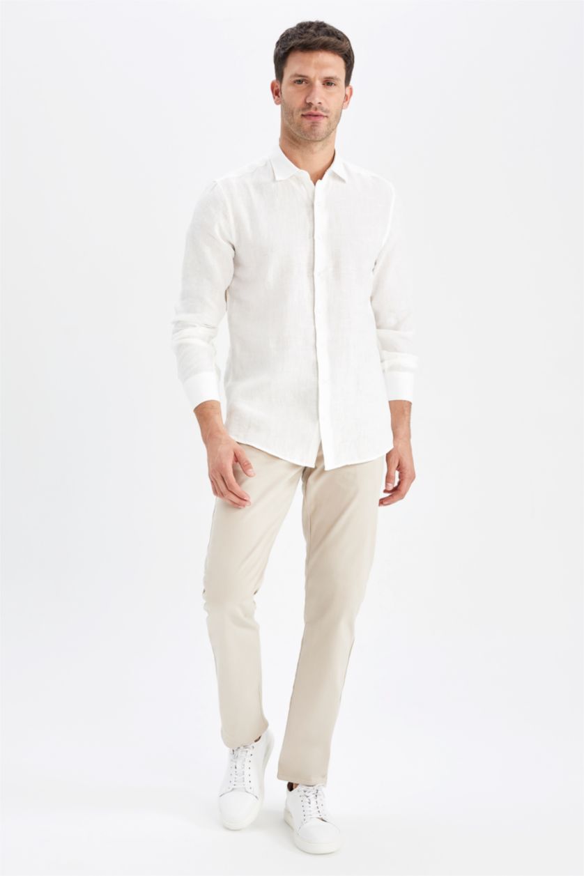 Erkek Kırık Beyaz %100 Keten Modern Fit Uzun Kollu Klasik Gömlek