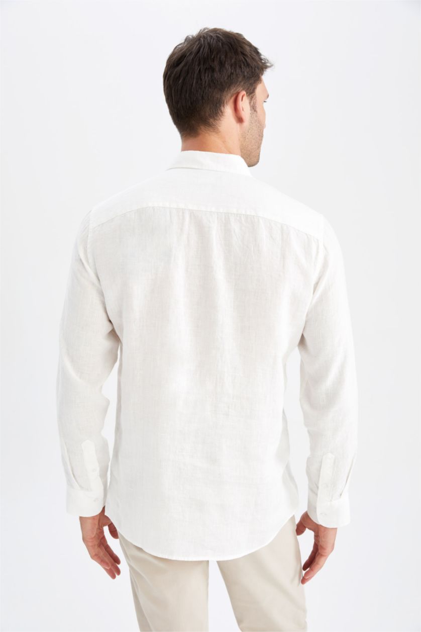 Erkek Kırık Beyaz %100 Keten Modern Fit Uzun Kollu Klasik Gömlek