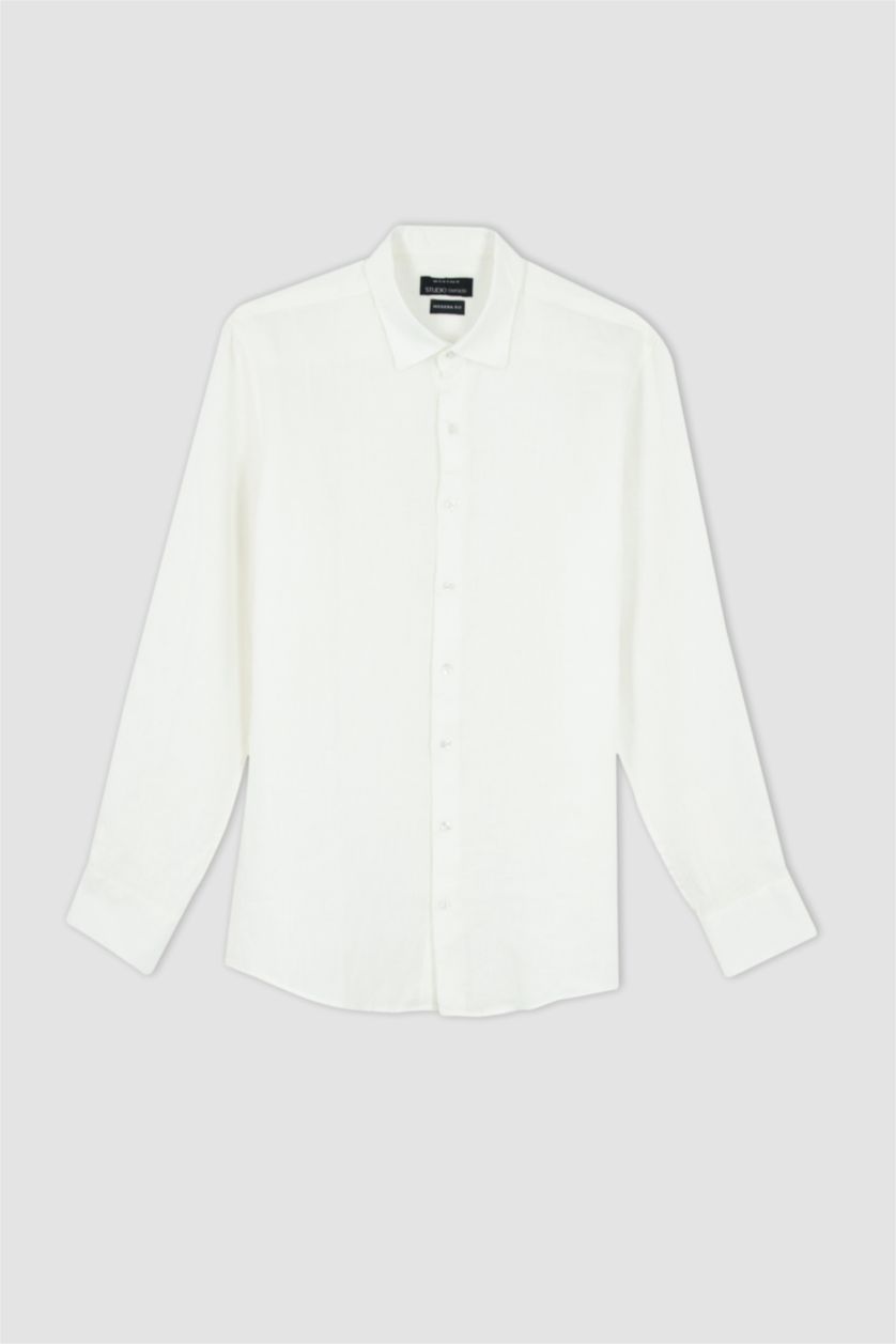 Erkek Kırık Beyaz %100 Keten Modern Fit Uzun Kollu Klasik Gömlek