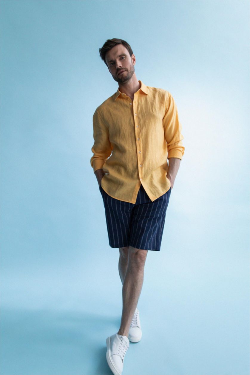 Erkek Sarı Modern Fıt Poplin Uzun Kollu Gömlek